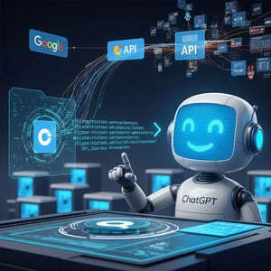 ChatGPT-Roboter interagiert mit Google- und API-Schnittstellen über ein digitales Interface.