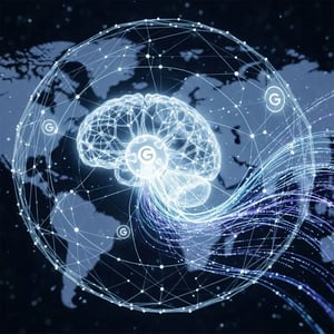 Ein leuchtendes Gehirn, das als künstliche Intelligenz ein globales Datennetzwerk steuert, mit Google-Logos auf dem Globus.