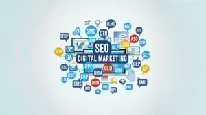 Illustration zu SEO und digitalem Marketing, gefüllt mit vielen Fachbegriffen.