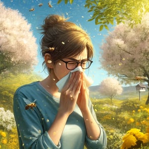DALL·E 2024-04-24 15.00.24 - A digital painting of a person sneezing because of pollen. The scene takes place outdoors during spring with trees and flowers around, all in full blo