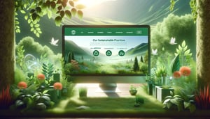 Ein breites Landschaftsbild, das ein nachhaltiges, grün ausgerichtetes Webdesign darstellt. Die Webseite wird auf einem Computerbildschirm angezeigt, umgeben von Elementen der Natur.