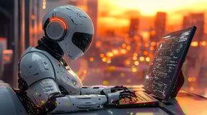 Ein weißer, futuristischer Roboter mit leuchtend orangen Akzenten am Kopf arbeitet an einem Laptop, mit einer unscharfen Stadtlandschaft und Sonnenuntergang im Hintergrund
